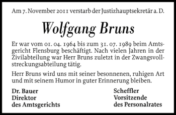 Traueranzeige von Wolfgang Bruns von Flensburger Tageblatt