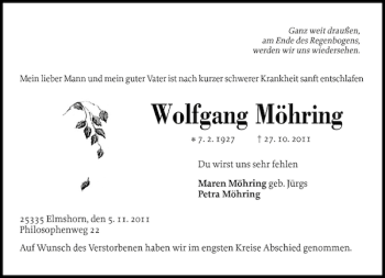 Traueranzeige von Wolfgang Möhring von Elmshorner Nachrichten