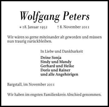 Traueranzeige von Wolfgang Peters von Landeszeitung