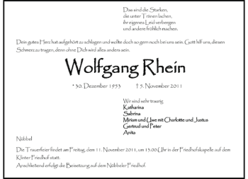 Traueranzeige von Wolfgang Rhein von Landeszeitung