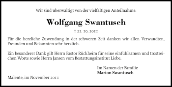 Traueranzeige von Wolfgang Swantusch von Ostholsteiner Anzeiger