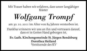 Traueranzeige von Wolfgang Trompf von Landeszeitung