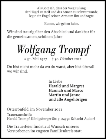 Traueranzeige von Wolfgang Trompf von Landeszeitung