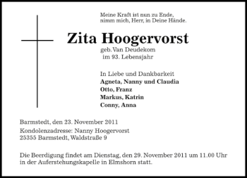 Traueranzeige von Zita Hoogervorst von Barmstedter Zeitung
