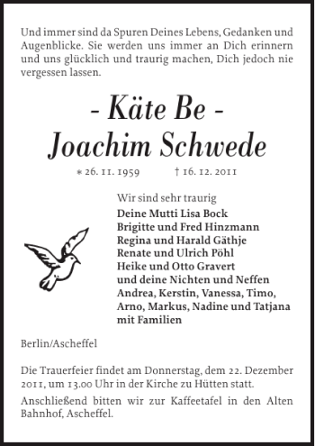 Traueranzeige von -Käte Be-Joachim Schwede von Eckernförder Zeitung