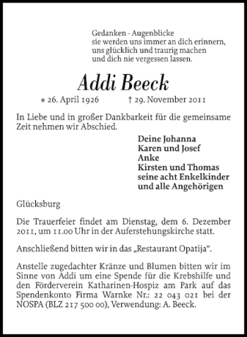 Traueranzeige von Addi Beeck von Flensburger Tageblatt