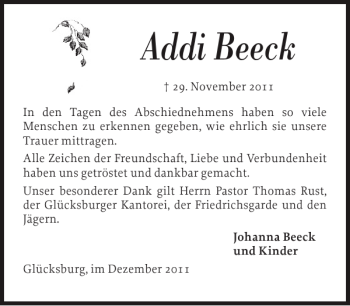 Traueranzeige von Addi Beeck von Flensburger Tageblatt