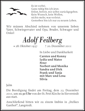 Traueranzeige von Adolf Feilberg von Flensburger Tageblatt