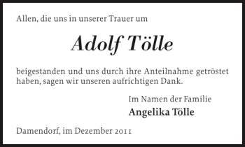 Traueranzeige von Adolf Tölle von Eckernförder Zeitung