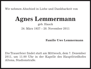 Traueranzeige von Agnes Lemmermann von Pinneberger Tageblatt