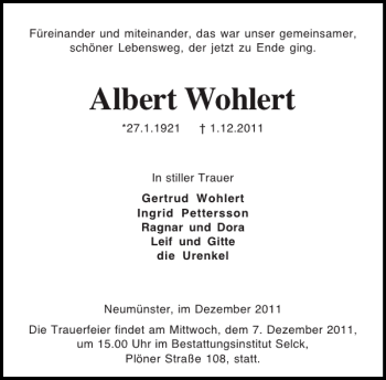 Traueranzeige von Albert Wohlert von Holsteinischer Courier