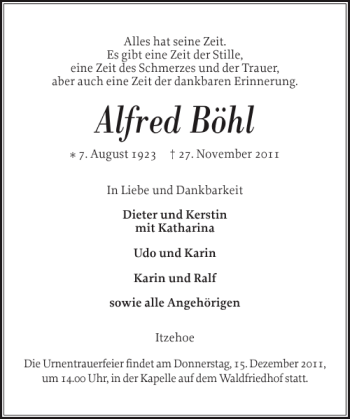 Traueranzeige von Alfred Böhl von Norddeutsche Rundschau