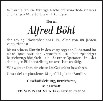 Traueranzeige von Alfred Böhl von Norddeutsche Rundschau