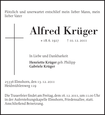 Traueranzeige von Alfred Krüger von Elmshorner Nachrichten