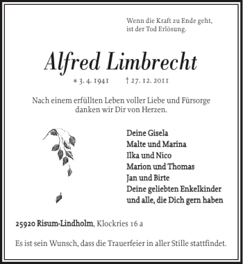 Traueranzeige von Alfred Limbrecht von Nordfriesland Tageblatt