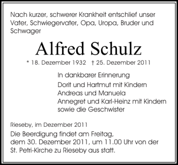 Traueranzeige von Alfred Schulz von Eckernförder Zeitung