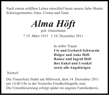 Traueranzeige von Alma Höft von Landeszeitung