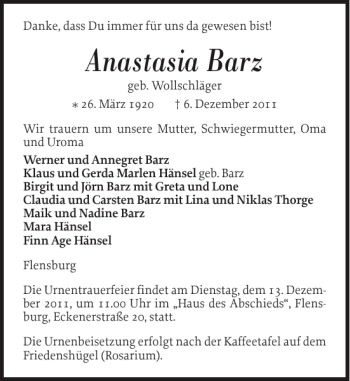 Traueranzeige von Anastasia Barz von Flensburger Tageblatt