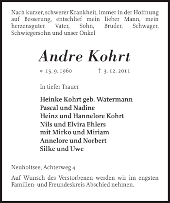 Traueranzeige von Andre Kohrt von Eckernförder Zeitung