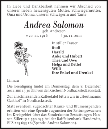 Traueranzeige von Andrea Salomon von Flensburger Tageblatt