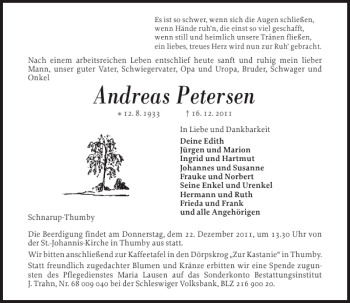 Traueranzeige von Andreas Petersen von Flensburger Tageblatt