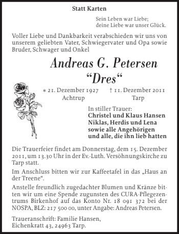 Traueranzeige von Andreas G. Petersen Dres von Flensburger Tageblatt