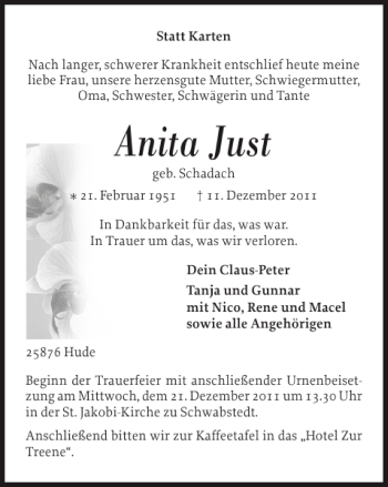 Traueranzeige von Anita Just von Husumer Nachrichten