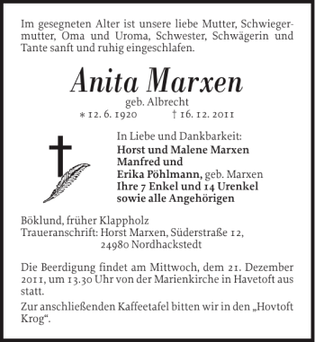 Traueranzeige von Anita Marxen von Flensburger Tageblatt