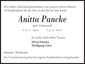 Traueranzeige von Anitta Pancke von Husumer Nachrichten