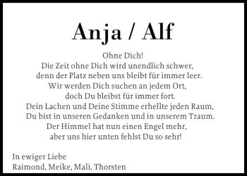 Traueranzeige von Anja Alf von Flensburger Tageblatt