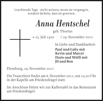 Traueranzeige von Anna Hentschel von Flensburger Tageblatt