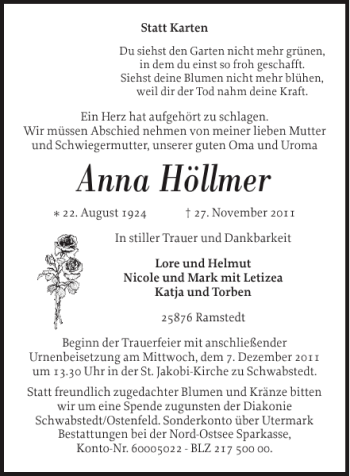 Traueranzeige von Anna Höllmer von Husumer Nachrichten