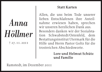 Traueranzeige von Anna Höllmer von Husumer Nachrichten