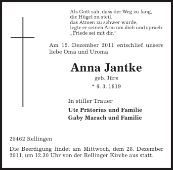 Traueranzeige von Anna Jantke von Pinneberger Tageblatt