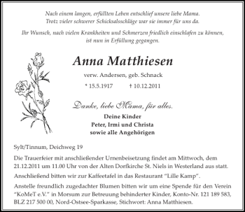 Traueranzeige von Anna Matthiesen von Sylter Rundschau