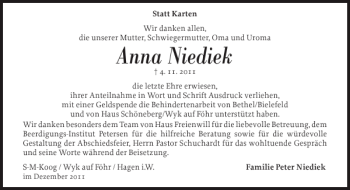 Traueranzeige von Anna Niediek von Husumer Nachrichten