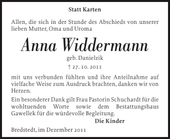 Traueranzeige von Anna Widdermann von Husumer Nachrichten