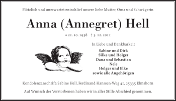 Traueranzeige von Anna Annegret Hell von Norddeutsche Rundschau