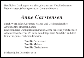 Traueranzeige von Anne Carstensen von Schleswiger Nachrichten