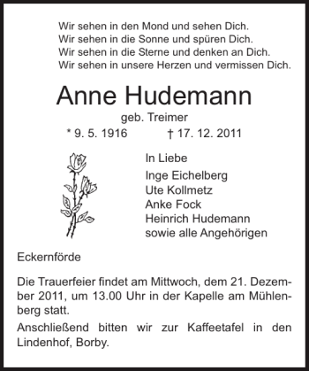Traueranzeige von Anne Hudemann von Eckernförder Zeitung