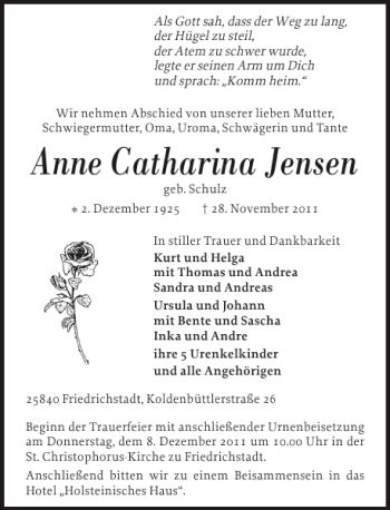 Traueranzeige von Anne Catharina Jensen von Husumer Nachrichten