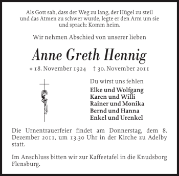 Traueranzeige von Anne Greth Hennig von Flensburger Tageblatt