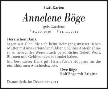 Traueranzeige von Annelene Böge von Norddeutsche Rundschau