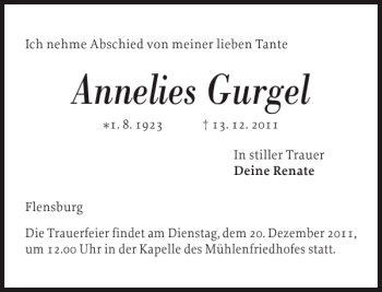 Traueranzeige von Annelies Gurgel von Flensburger Tageblatt