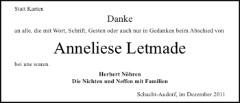 Traueranzeige von Anneliese Letmade von Landeszeitung