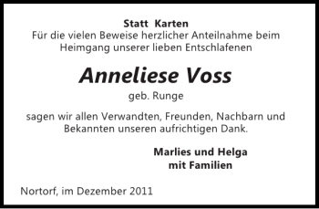 Traueranzeige von Anneliese Voss von Landeszeitung