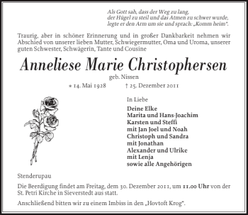 Traueranzeige von Anneliese Marie Christophersen von Flensburger Tageblatt