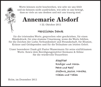 Traueranzeige von Annemarie Alsdorf von Pinneberger Tageblatt
