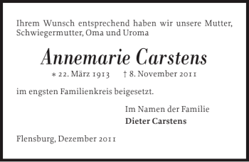 Traueranzeige von Annemarie Carstens von Flensburger Tageblatt