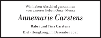 Traueranzeige von Annemarie Carstens von Flensburger Tageblatt